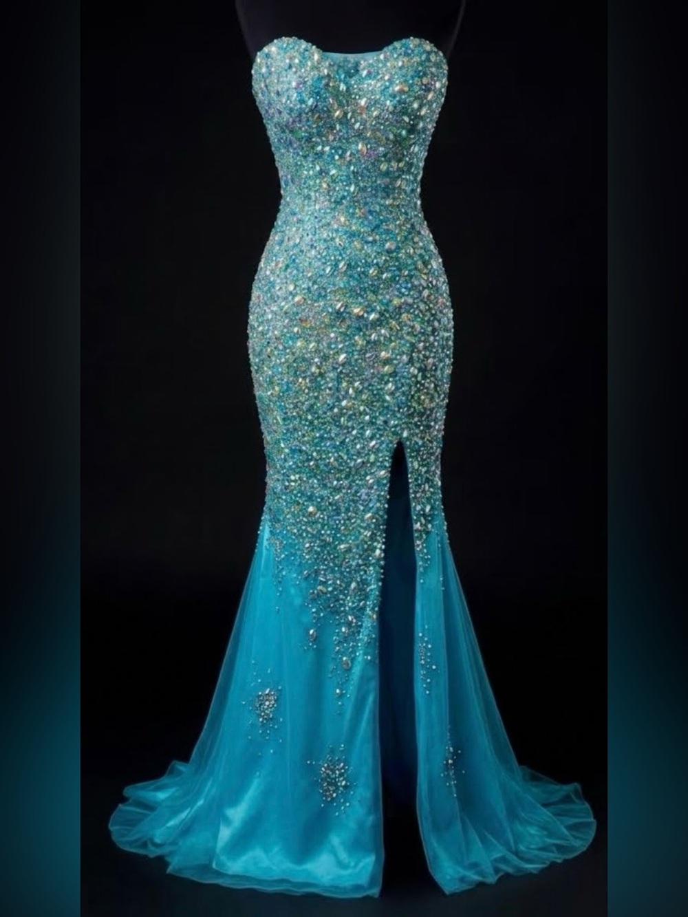 NWOT Alyce Paris Turquoise Crystal Rhinestone Strapless Mermaid Prom Gown Slit 2